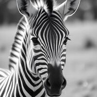 Close up portrait of a female zebra with black and white stripes and a calm expression The focus is on her eyes and the unique pattern of her stripes, with a softly blurred savannah background photo