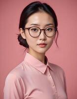 Confident Chinese model with glasses, emphasizing intellect and style against a neutral background photo
