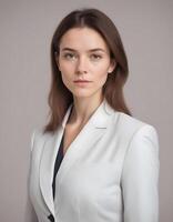 British businesswoman in a sharp suit, looking poised and approachable in a studio setting photo