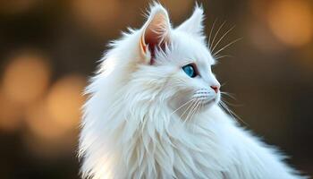 Turkish Angora with long white fur and blue eyes, gazing into the distance, soft blurred background photo