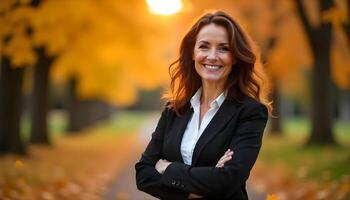 Middle aged woman in a black blazer, smiling confidently in an autumn park setting photo