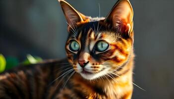 Detailed close up of a tortoiseshell cat, emphasizing its vibrant fur patterns, focused gaze, and soft, natural light bringing out intricate details photo
