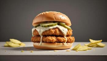 Fried chicken sandwich with crunchy pickles and spicy mayo photo