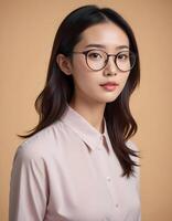 Stylish Chinese model in glasses, exuding confidence and intelligence in a minimalist setting photo