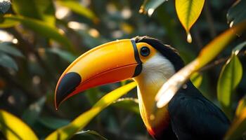 Macro of a toucan in the jungle, vivid beak, dew covered leaves, warm sunlight photo