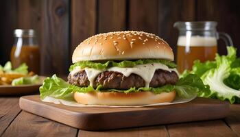 Sizzling burger with melted cheese, fresh lettuce, and sesame seed bun on rustic table photo