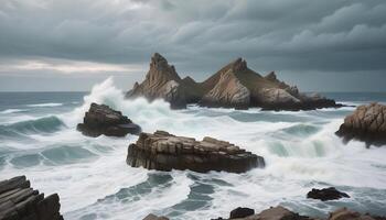 Wild waves crashing against rocks on a rugged coastline under a moody sky photo