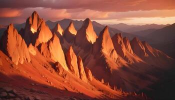 Mountainous terrain with rocky cliffs and dramatic, cloudy sky photo