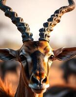 Male antelope with angular face and twisted horns in savannah background photo