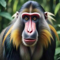 Portrait of a mandrill with intense eyes, striking red and blue facial markings, and a softly diffused jungle atmosphere photo