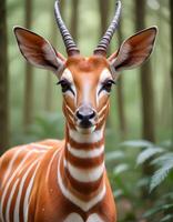 Female bongo antelope with distinctive stripes and serene expression in soft forest light photo