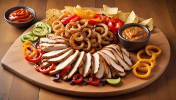 Sizzling fajitas with grilled chicken, bell peppers, onions, and a hint of spice photo