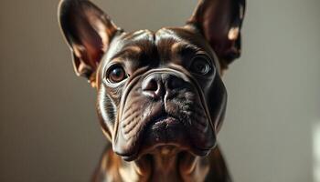 Portrait of a French Bulldog with soulful dark eyes, soft natural lighting, and a neutral blurred background emphasizing its calm expression photo