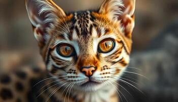 Close up of Cheetoh cat with rich fur texture and sharp gaze in soft natural lighting photo
