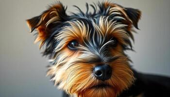 Welsh Terrier with dark eyes and calm demeanor in neutral blurred background photo