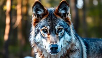 Detailed close up of a gray wolf, capturing its sharp gaze, textured fur patterns, and the soft interplay of natural light enhancing its wild presence photo