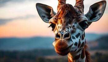 Giraffe with head tilted, showcasing patterns, distant twilight hills behind photo