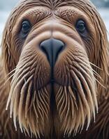 Close up of a walrus with prominent whiskers and expressive eyes in a coastal setting photo