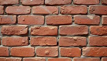 Rustic brick wall with red and brown tones, arranged in a staggered pattern with rough and textured surfaces photo