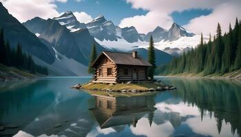 Untamed wilderness with ancient evergreen forests, jagged snow covered peaks, and a glacier fed lake reflecting misty clouds photo