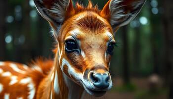 Close up of female bongo with vibrant fur pattern and curious eyes in a tranquil forest photo