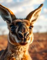 Portrait of a male kangaroo with piercing eyes, strong features, and a warm hued outback setting softly blurred in the background photo