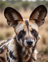 Close up of male African wild dog with large ears and unique fur pattern in soft light photo