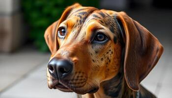 Plott Hound with bright dark eyes, brindle coat, and a calm, alert gaze photo