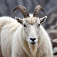 Close up of a female mountain goat with white coat and curved horns in rocky setting photo