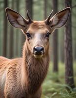 Close up portrait of a young female elk with her ears forward and eyes alert Her fur is detailed, showing the different shades of brown and tan, with a blurred forest background adding depth photo