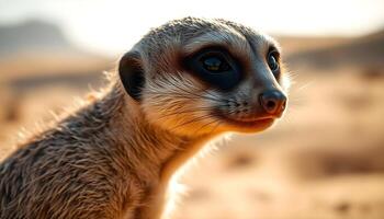 Close up shot of a female meerkat standing alert with bright eyes and a sandy coat Her sharp gaze is focused on something in the distance, and the blurred desert background enhances her presence photo