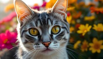 Portrait of a gray and white cat, highlighting its striking yellow eyes, soft fluffy coat, and relaxed posture, softly blurred background photo
