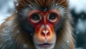 Portrait of a Japanese macaque, highlighting his soaked fur, deep red face, and contemplative expression, with softly falling snow in the background photo