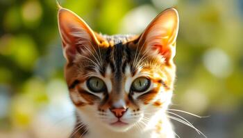 Sunlit portrait of a short haired calico cat with upright ears and a focused gaze photo