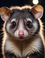 A close up of a possum with its eyes open photo