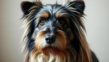 Close Up of a Polish Lowland Sheepdog with Long Fluffy Coat and Dark Eyes photo