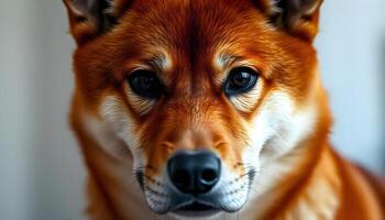 Close up of Shiba Inu with focused gaze and sleek coat against neutral blurred background photo