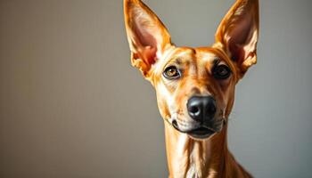 Portrait of an Ibizan Hound, emphasizing its elegant build, sharp amber eyes, and distinctive upright ears, softly blurred neutral background photo