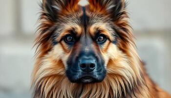 Close up of Tervuren with calm demeanor and long fawn fur illuminated by soft light photo