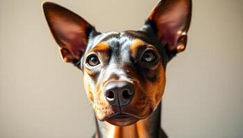 Close up of Austrian Pinscher with focused gaze and relaxed expression in gentle lighting photo