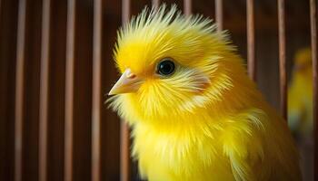 Portrait of a canary, showcasing its bright yellow feathers, tiny beak, and alert expression, softly blurred natural background photo