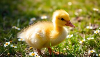 Yellow duckling waddling on grass with daisies, soft down feathers in sunlight photo