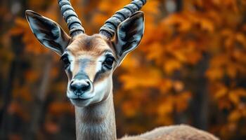 Close up of a gazelle in autumn, warm orange and yellow leaves contrast with its tawny fur and sharp gaze photo