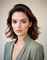 Chic woman with flawless makeup in a neutral toned setting photo