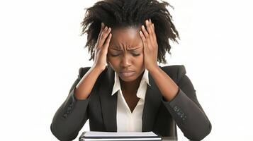 A woman in a business suit is sitting at a desk with her head in her hands photo