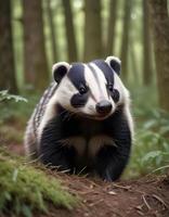 Curious Male Badger with Distinctive Fur and Woodland Background photo