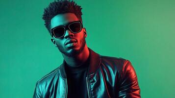 A man wearing sunglasses and a leather jacket photo