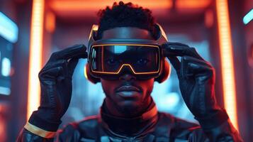 A man wearing a virtual reality headset photo
