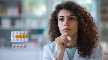 A woman in a lab coat is looking at pills photo