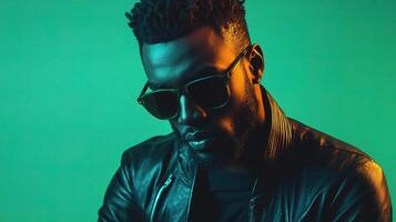 A man with sunglasses and a leather jacket photo